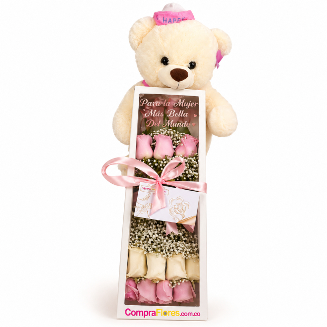 Caja de 12 Rosas con Oso y Mensaje Especial