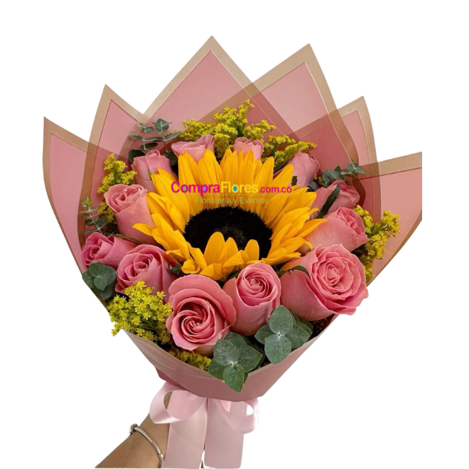 Girasol y Rosas Rosadas
