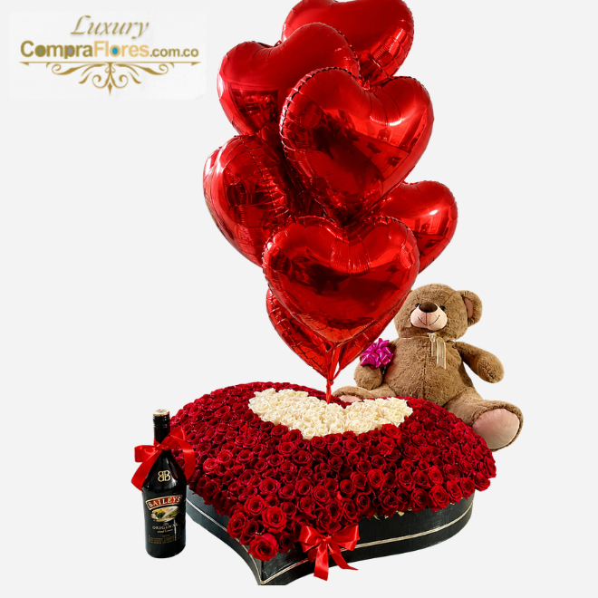 Corazón Infinito: 300 Rosas Premium, Baileys y Oso Gigante
