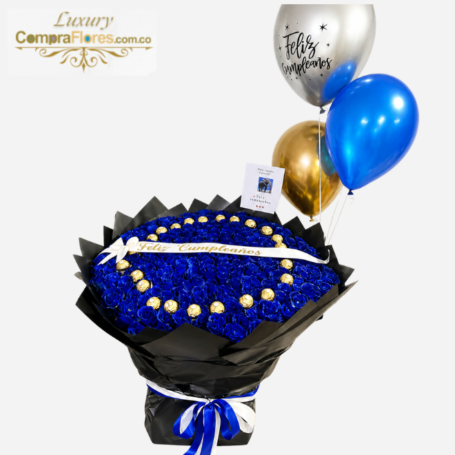 Bouquet Zafiro Imperial: 100 Rosas Azules y 40 Ferrero Rocher