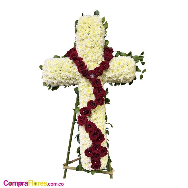 Cruz Fúnebre de Flores con Rosario de Rosas Rojas