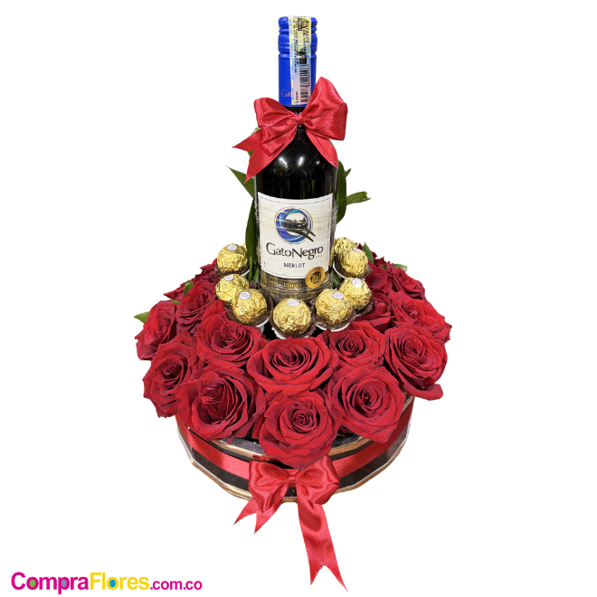 Arreglo en Cilindro de 24 Rosas Rojas con Vino y Ferrero