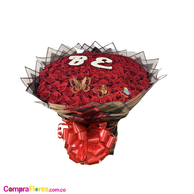 Buchón Extra de 150 Rosas Rojas con Iniciales y Mariposas