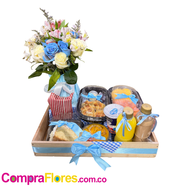 Desayuno Sorpresa a Domicilio Cali con Arreglo Floral y Bandeja Gourmet