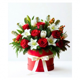 Caja de rosas y lirios navidad