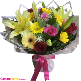 Arreglo Floral de Gerberas, Rosas y Lirios con Perlita - Floristería Cali