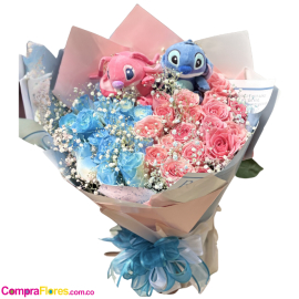 Ramo de 60 Rosas con Peluches de Stitch y Ángela + Perlita - Cali